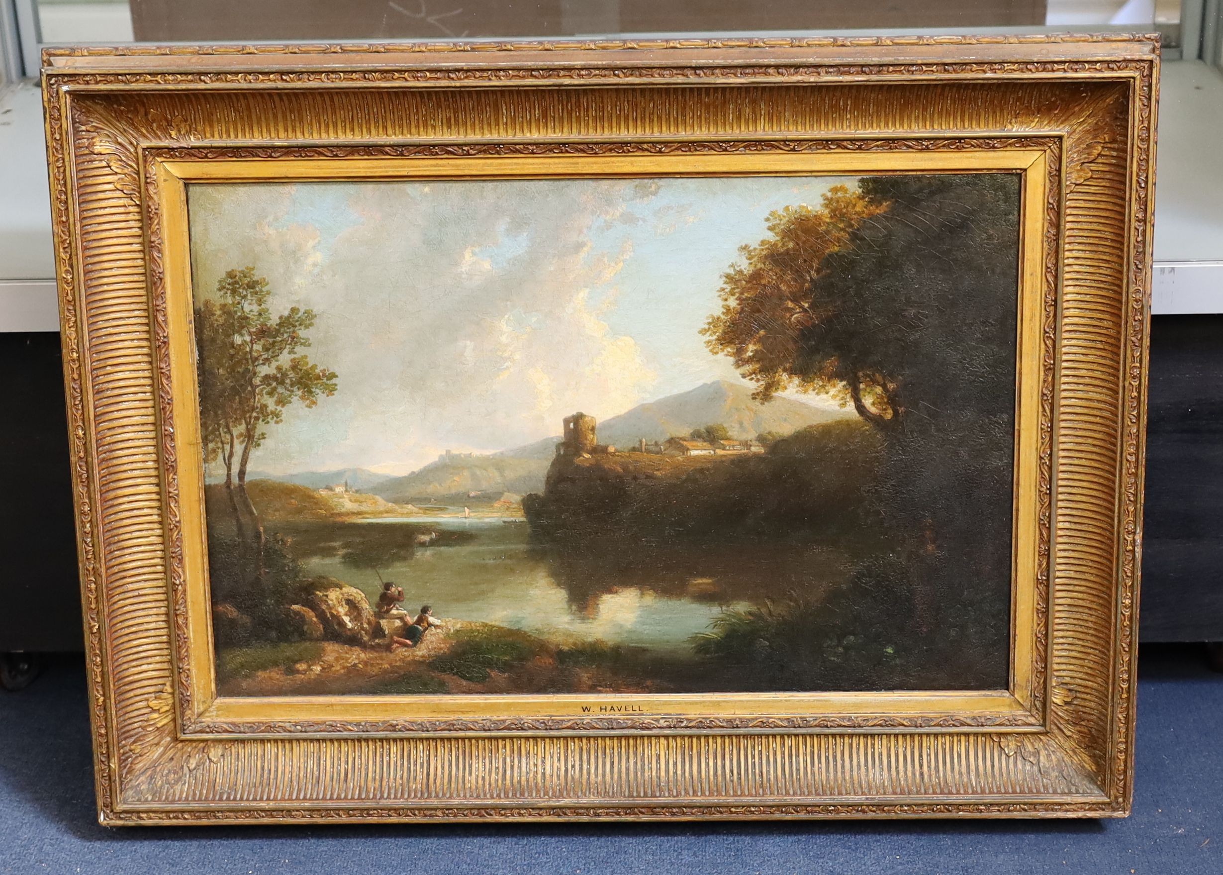Circle of William Havell (1782-1857), Italianate river landscape with boys in the foreground, oil on canvas, 40 x 62cm